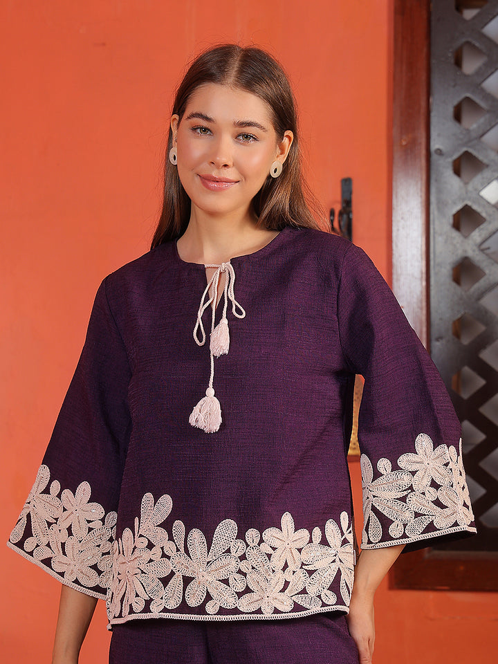 100% Cotton Wine Embroidered Round Neck Top
