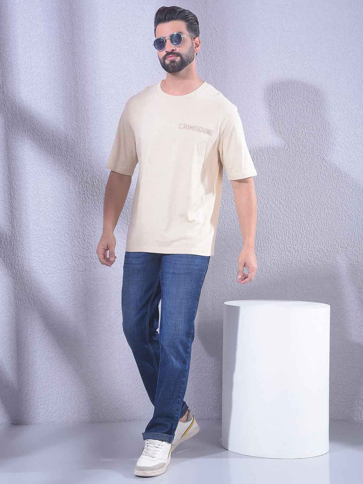 Beige 100% Cotton Oversize Brand Logo T-Shirt