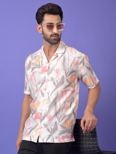 Peach Floral Print Resort Collar Shirt