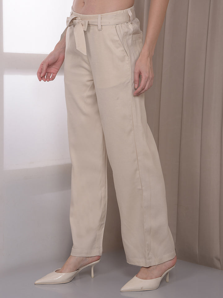 Beige Wide Leg Casual Trousers With Belt