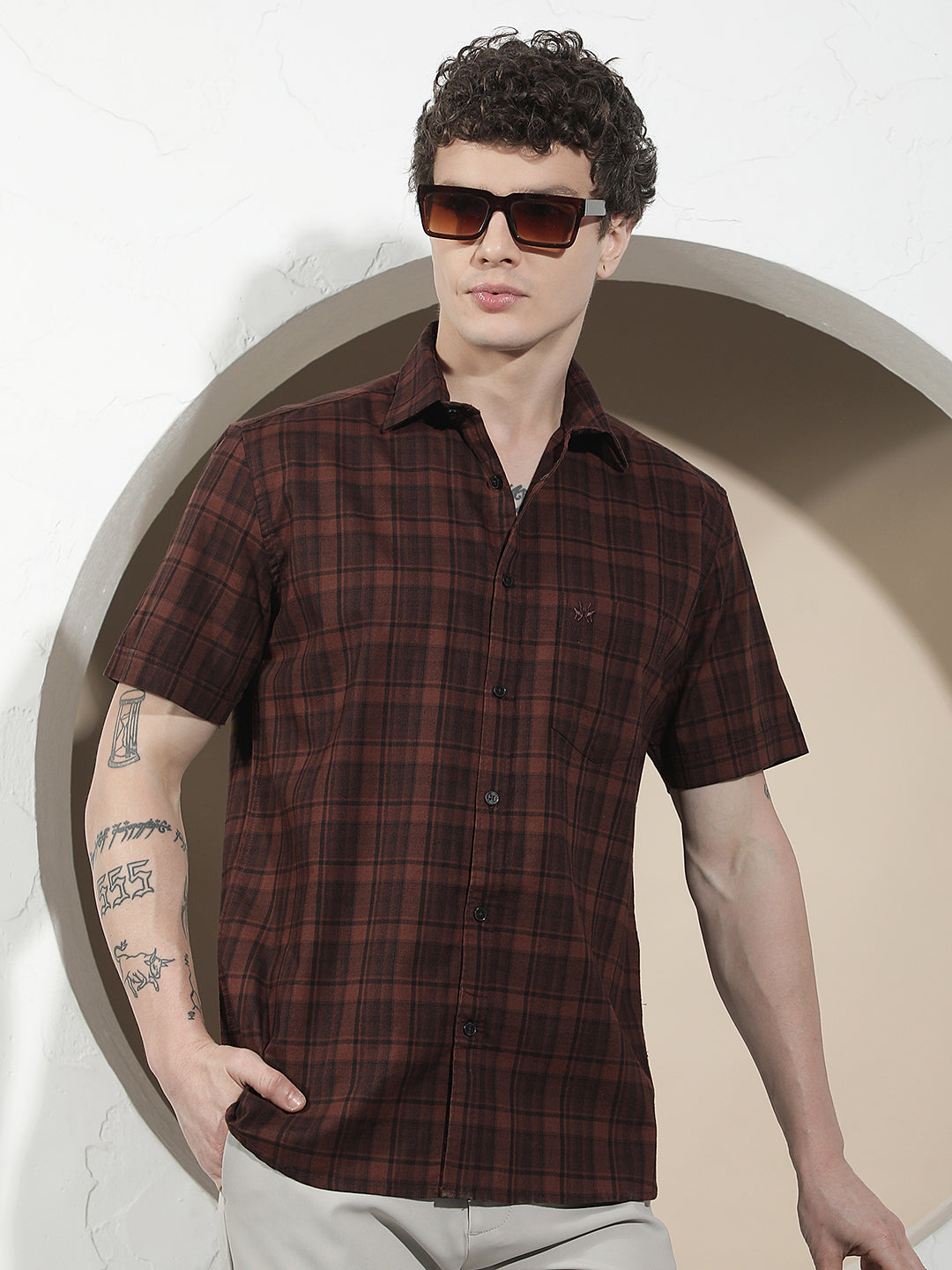 Brown Checked 100% Cotton Shirt