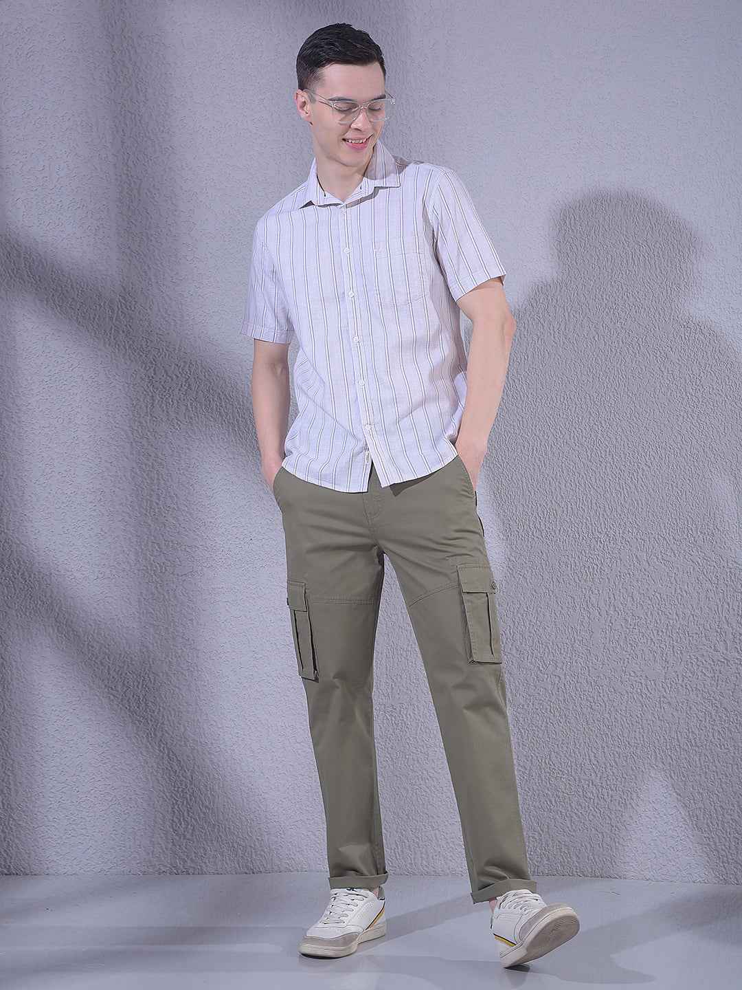 Beige Vertical Striped 100% Cotton Shirt