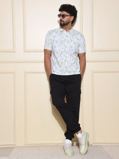 Green Floral Print Polo Neck 100% Cotton T-Shirt