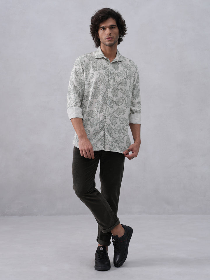 Green Printed Linen Shirt