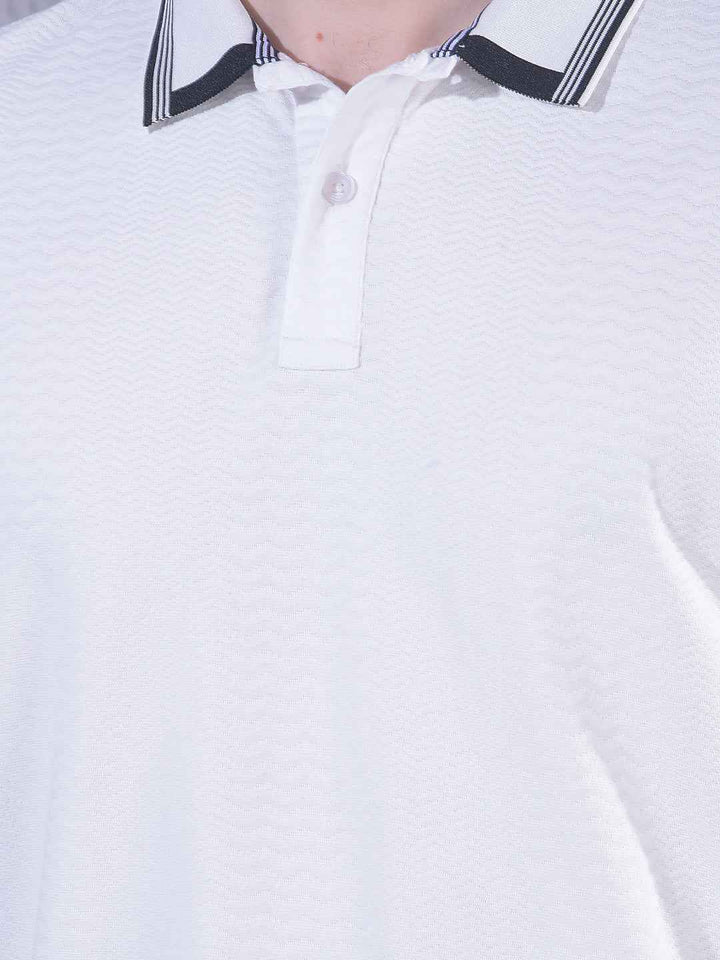 White Jacquard Polo Neck T-Shirt