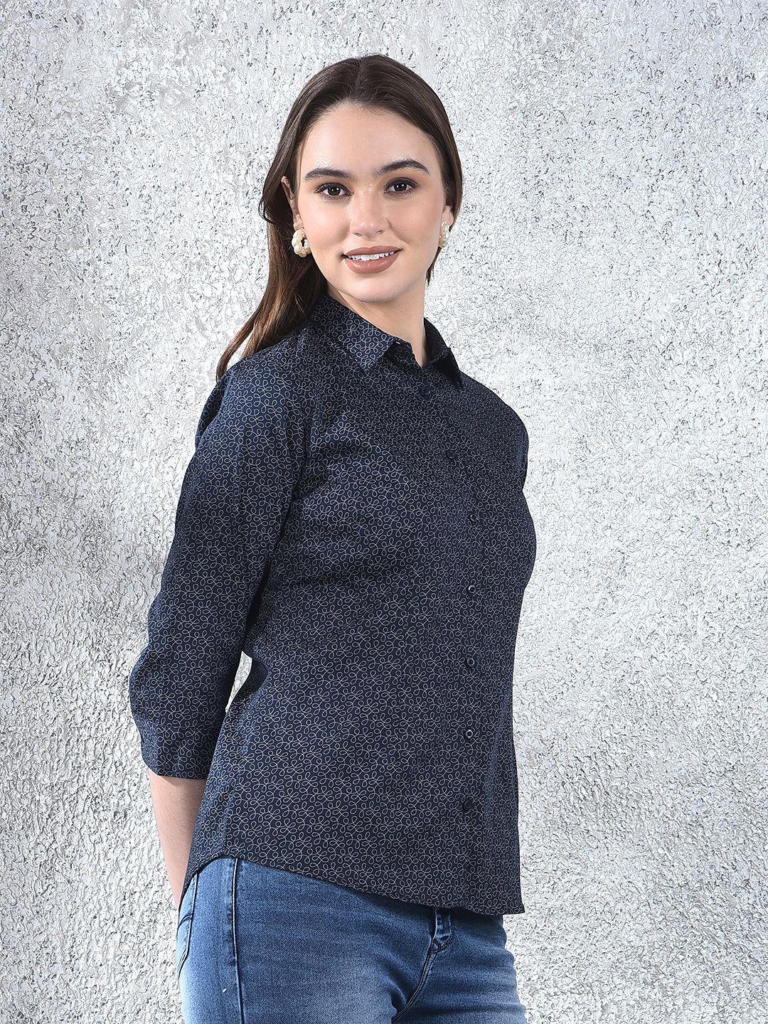 Printed Navy Blue Shirt-Women Shirts-Crimsoune Club