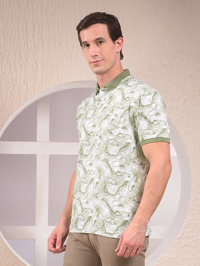 Green Abstract Print Polo Neck T-Shirt