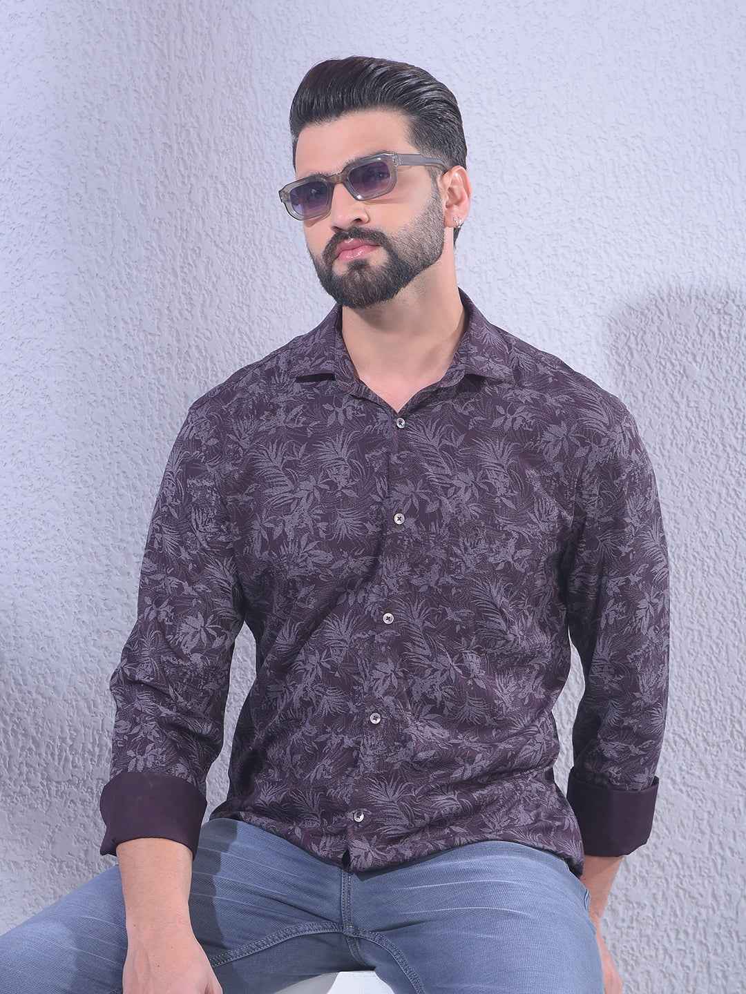 Wine Floral Print Shirt