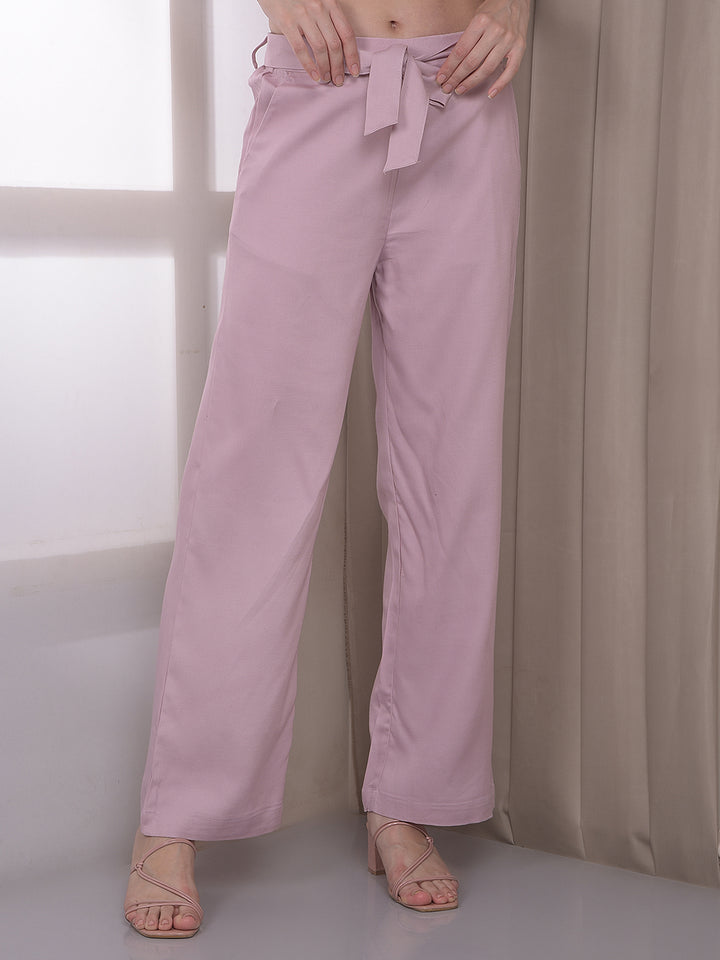 Pink Wide Leg Casual Trousers With Belt
