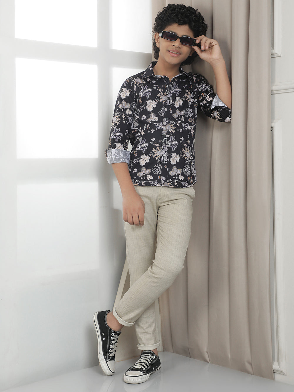 Black 100% Cotton Floral Print Shirt