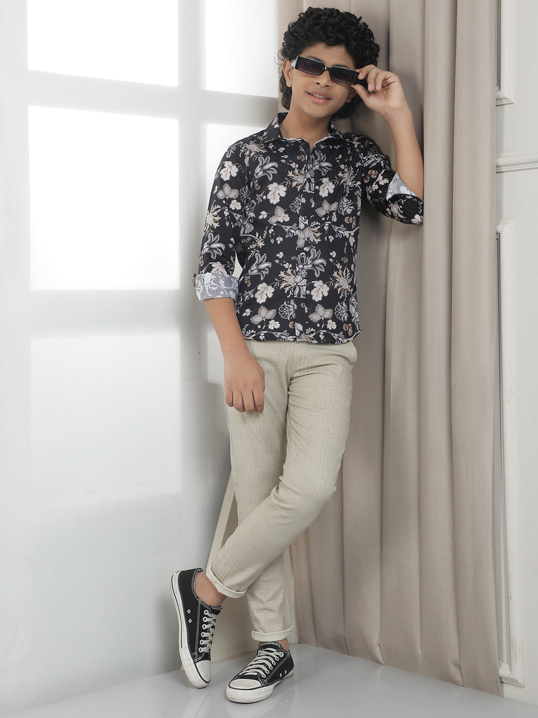 Black 100% Cotton Floral Print Shirt