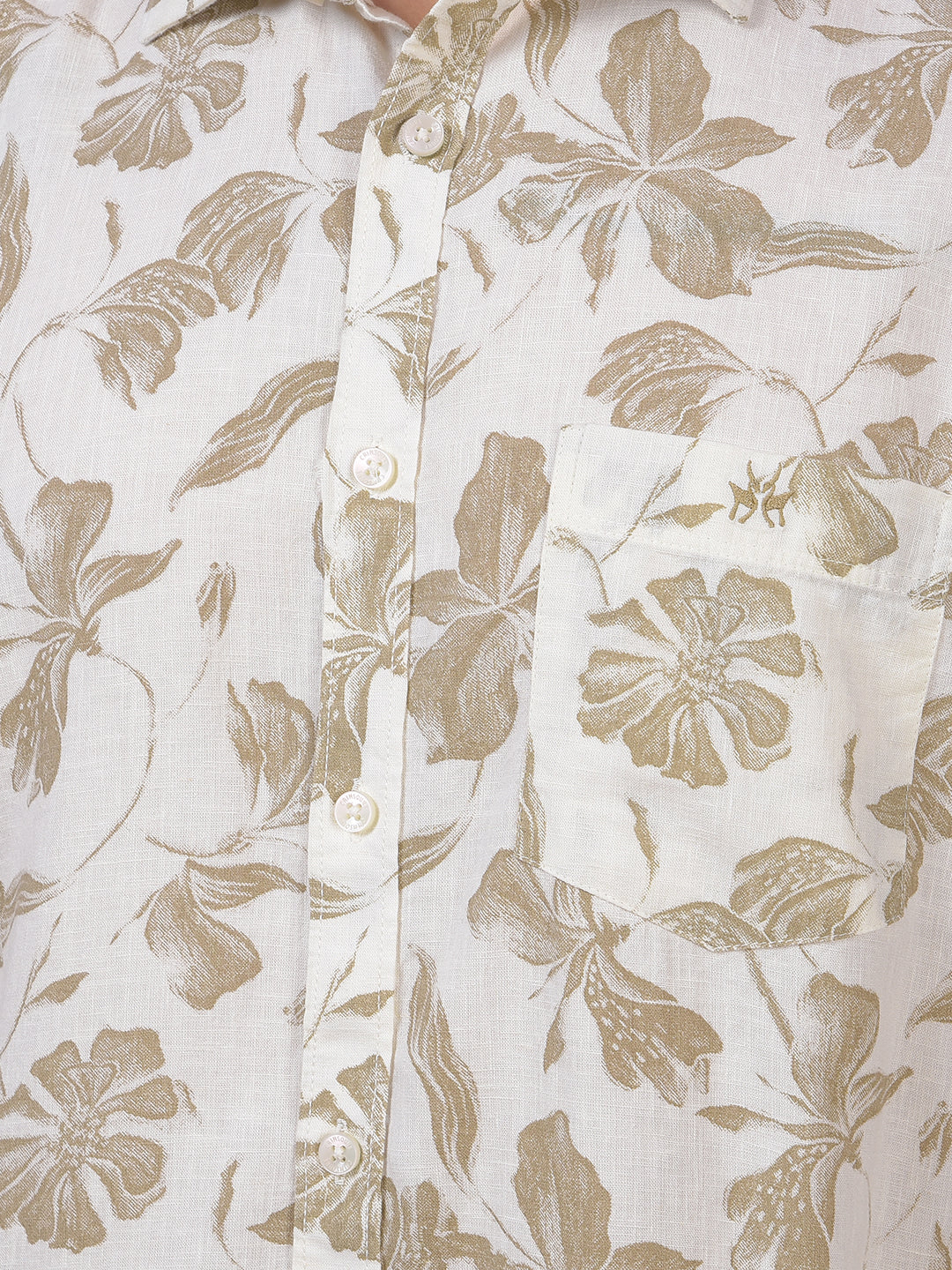 Khaki Floral Print Linen Shirt