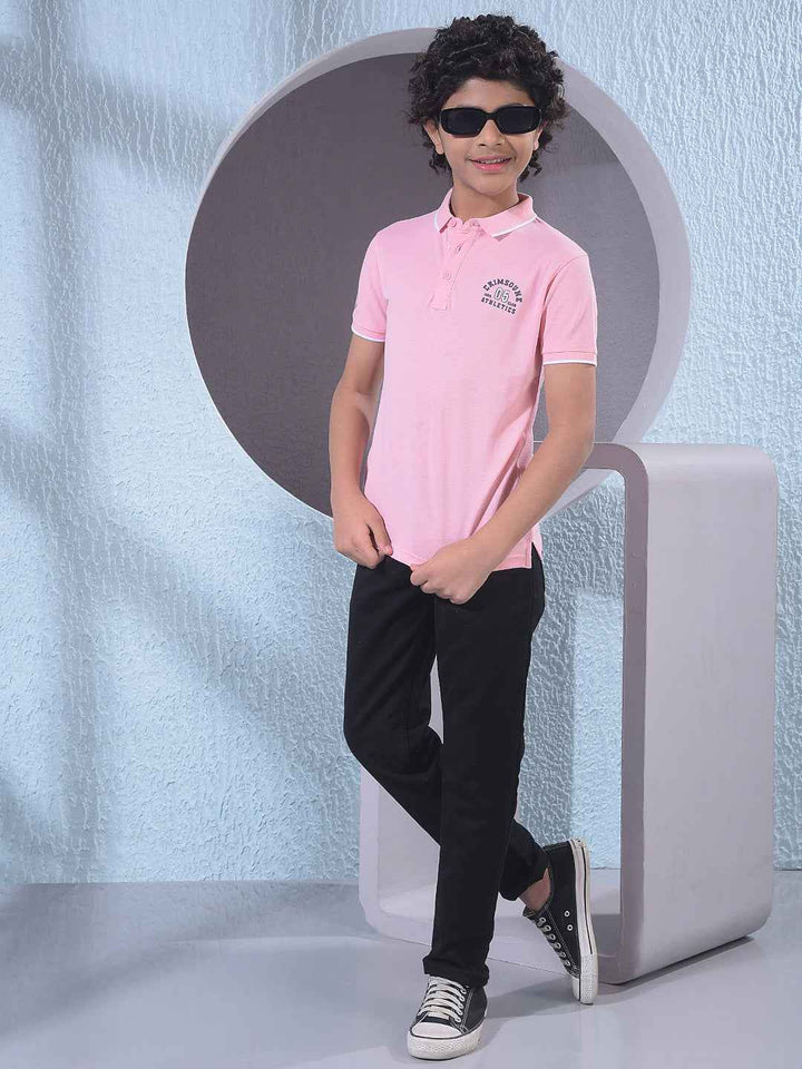 Pink Typographic Print Polo Neck T-Shirt