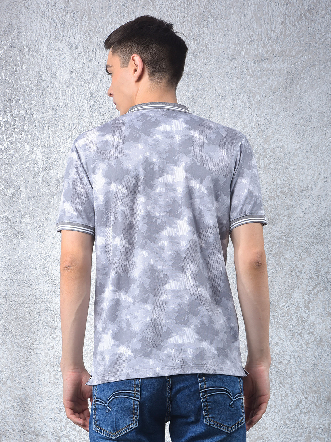 Grey Abstract Print Polo Neck T-Shirt