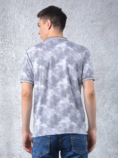 Grey Abstract Print Polo Neck T-Shirt