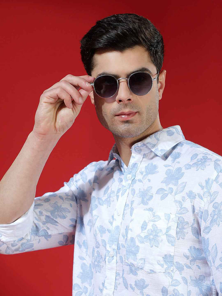 Blue Floral Print 100% Cotton Shirt