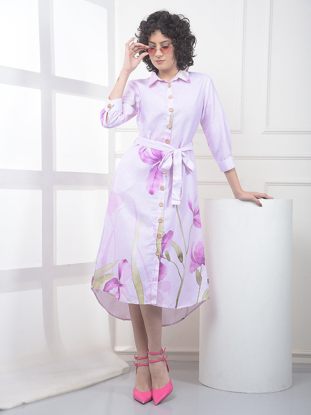Purple Floral Print Midi Shirt-Dress
