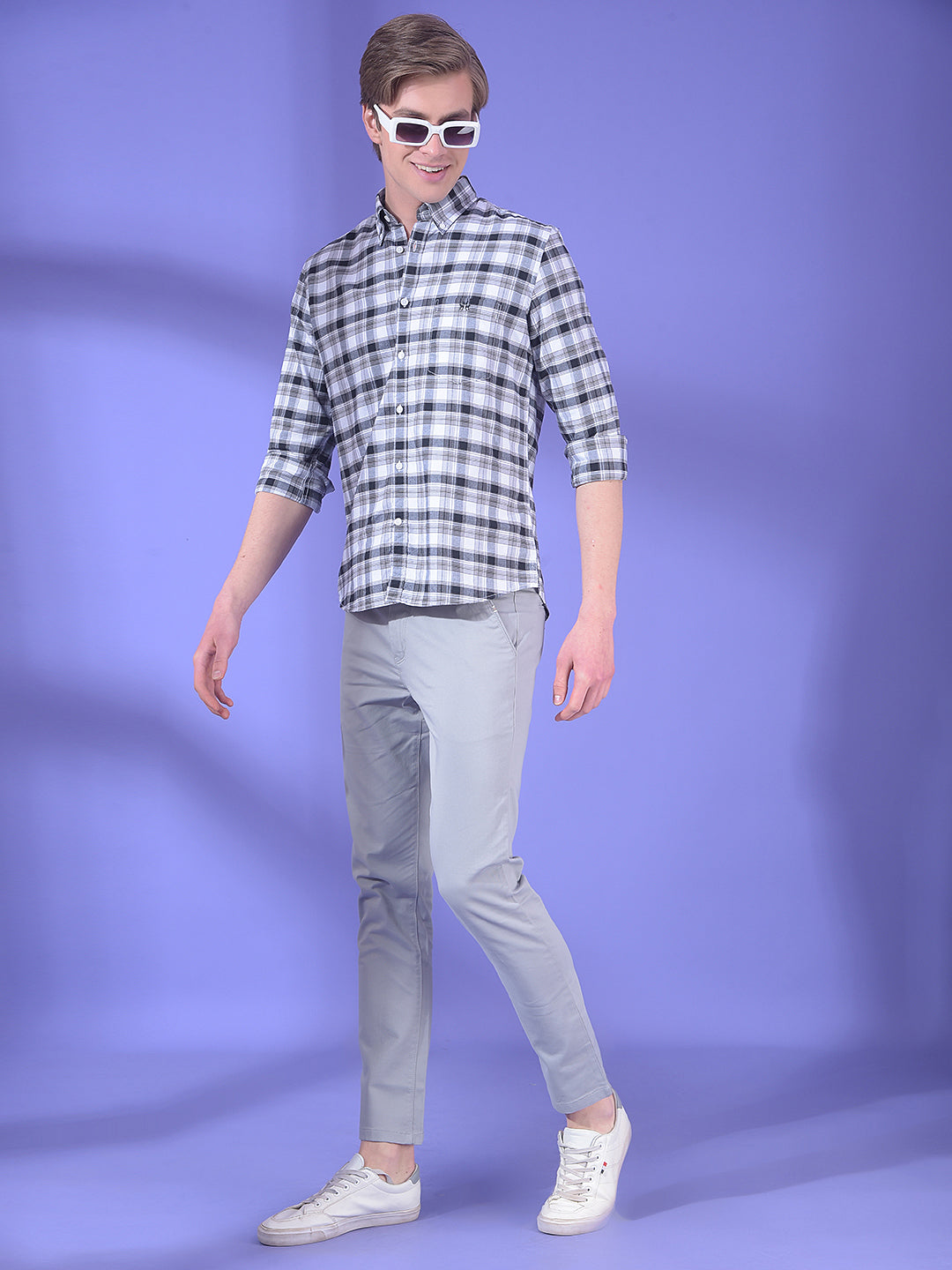 Grey Checked Button-Down Collar 100% Cotton Shirt