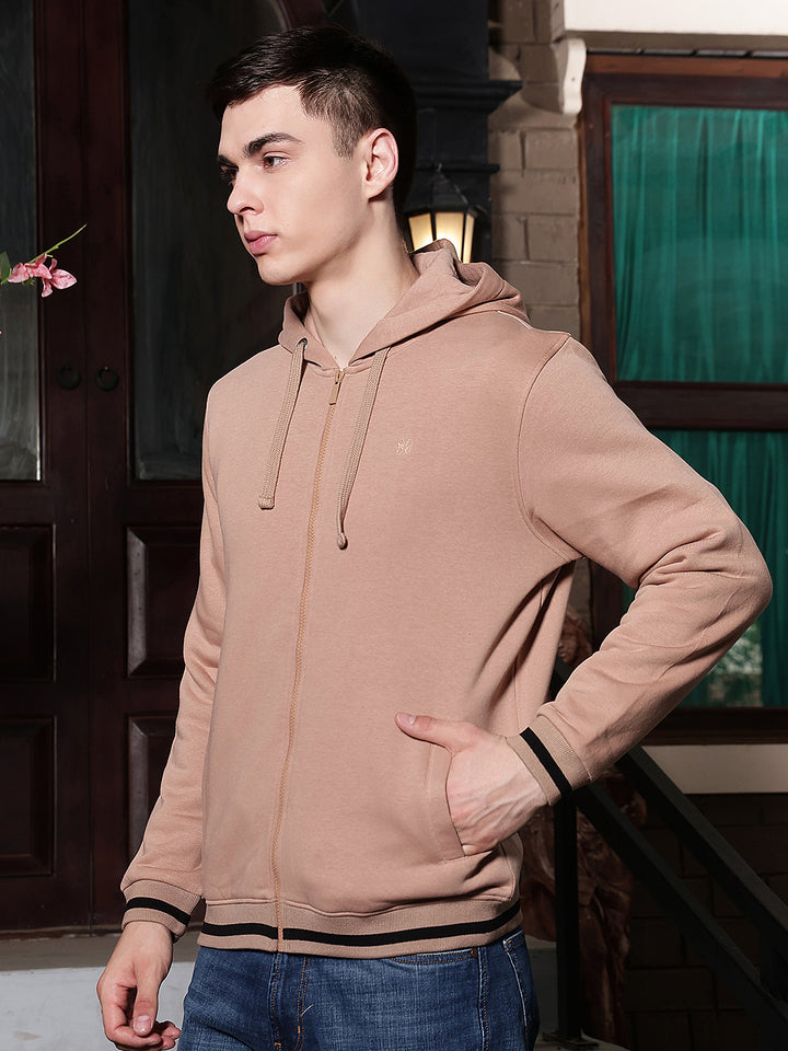 Beige Hooded Neck Front Open Sweatshirt