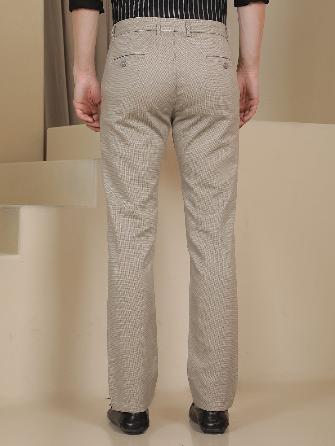 Beige Printed Straight Trousers