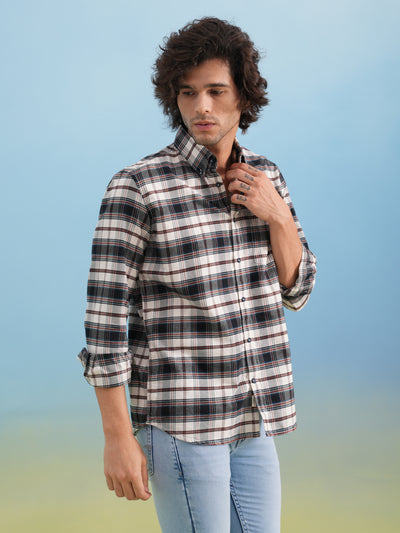Brown Checked 100% Cotton Button-Down Collar Shirt