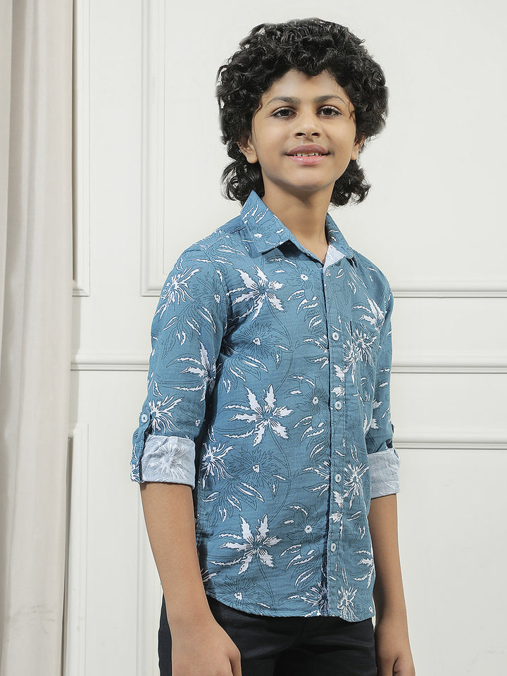 Teal Blue 100% Cotton Floral Print Shirt
