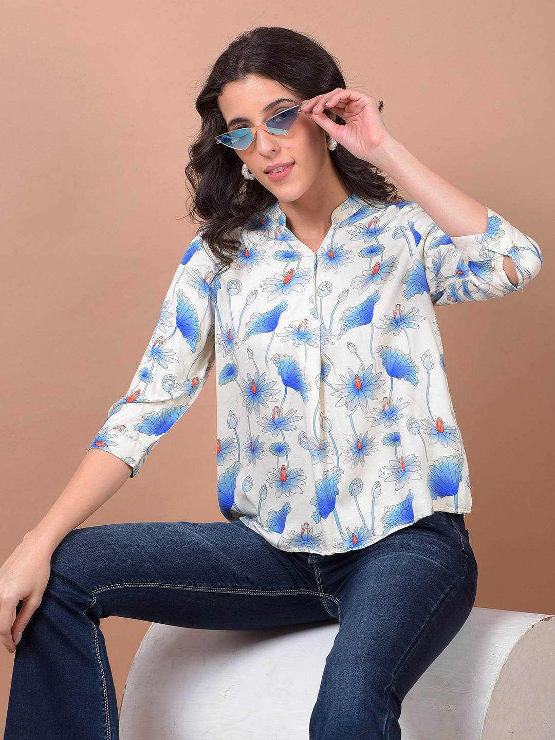 Blue Floral Print V-Neck Top