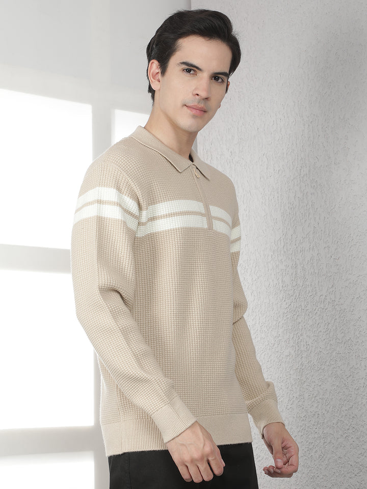 Beige Jacquard Polo Neck Acrylic Sweater