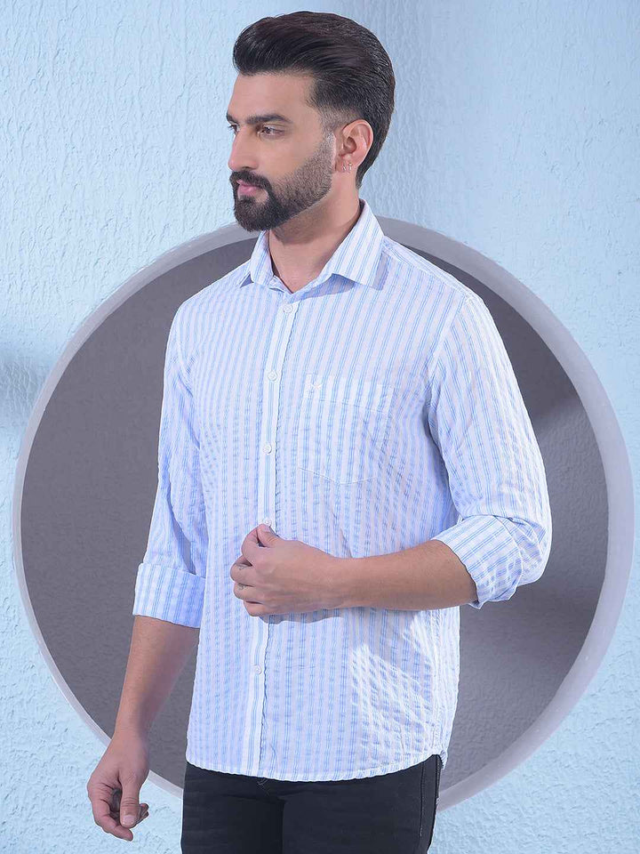 Blue 100% Cotton Vertical Stripes Shirt