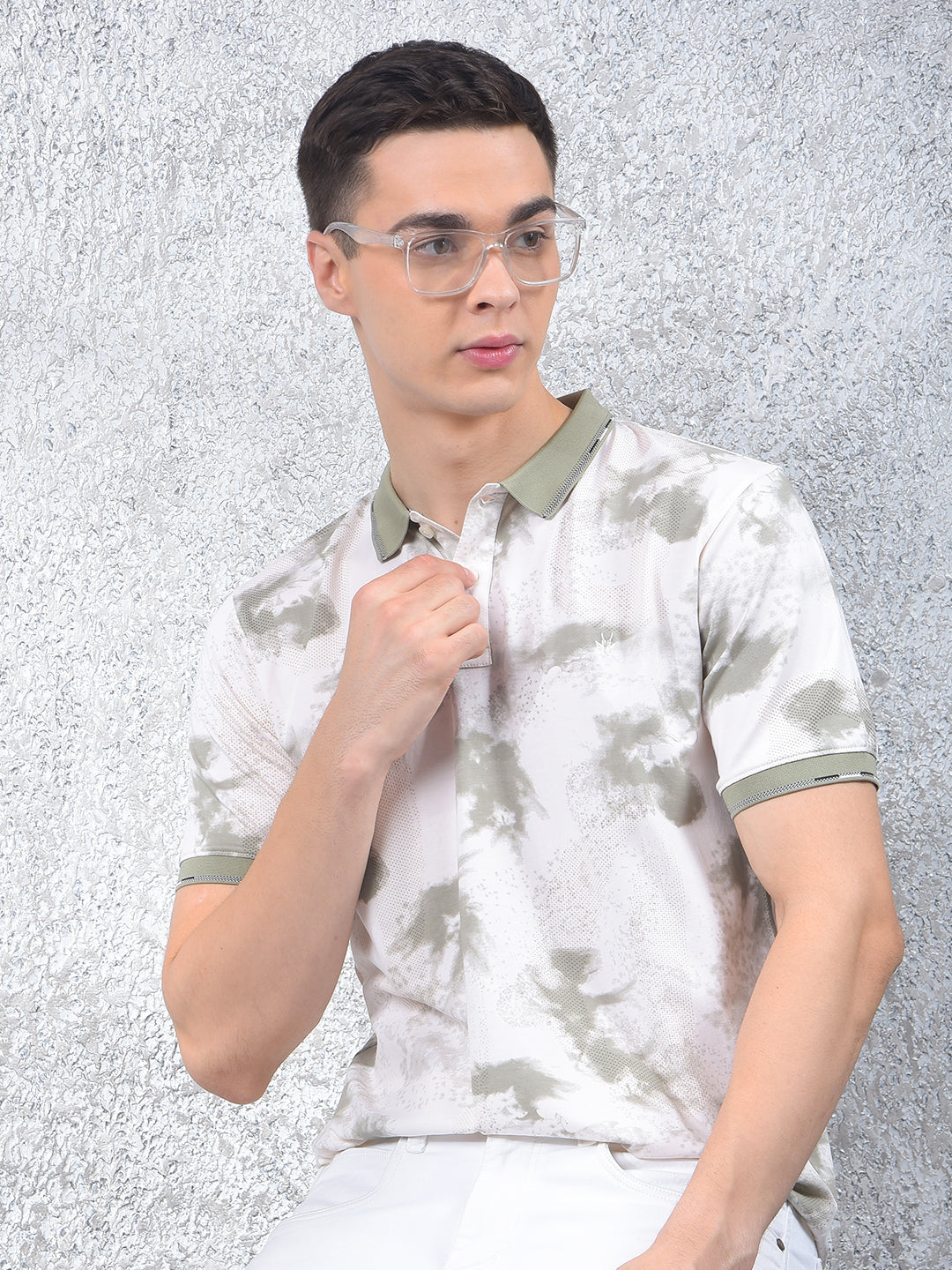 Olive Printed Polo-Neck T-Shirt