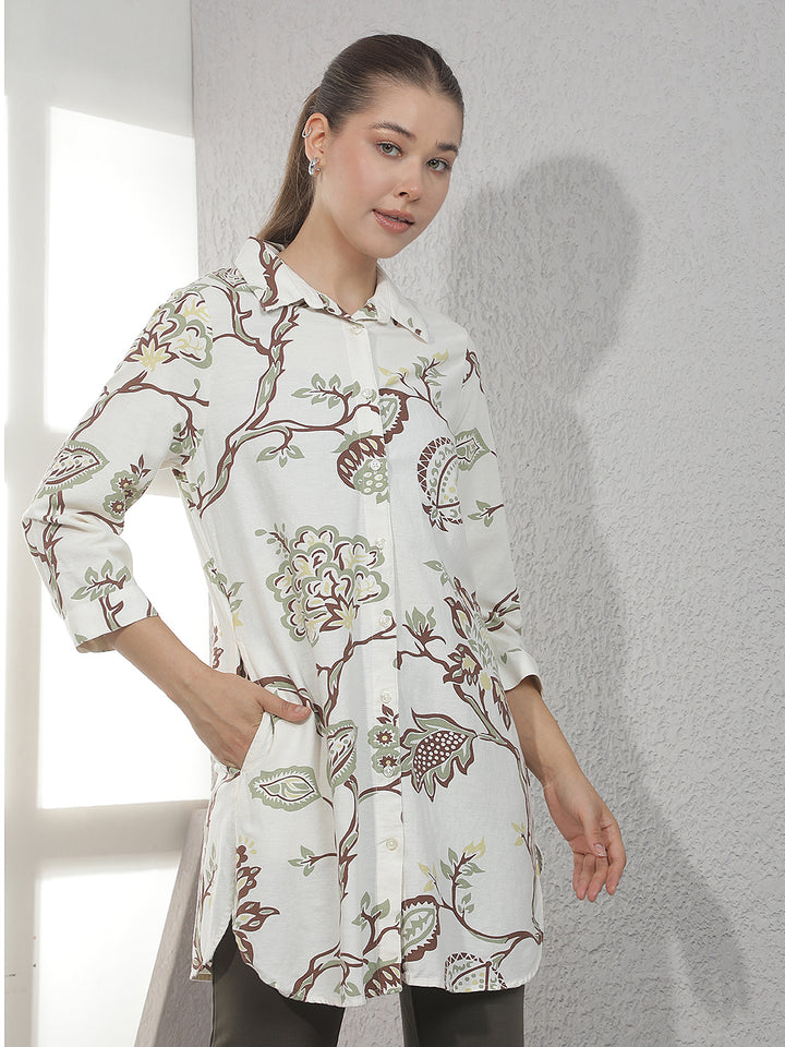 Multi-Color Botanical Print Linen Longline Shirt