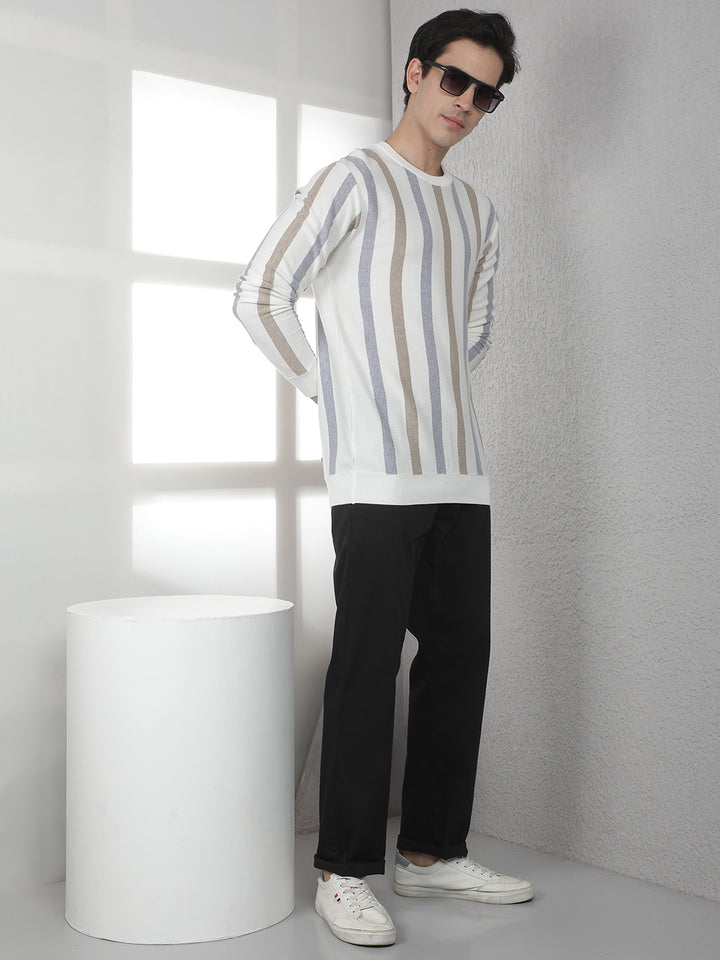 Beige 100% Cotton Verical Stripes Round Neck Sweater