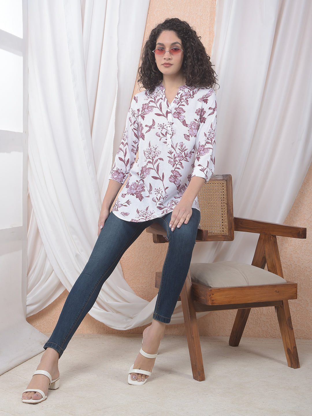 Wine Floral Printed Linen Top