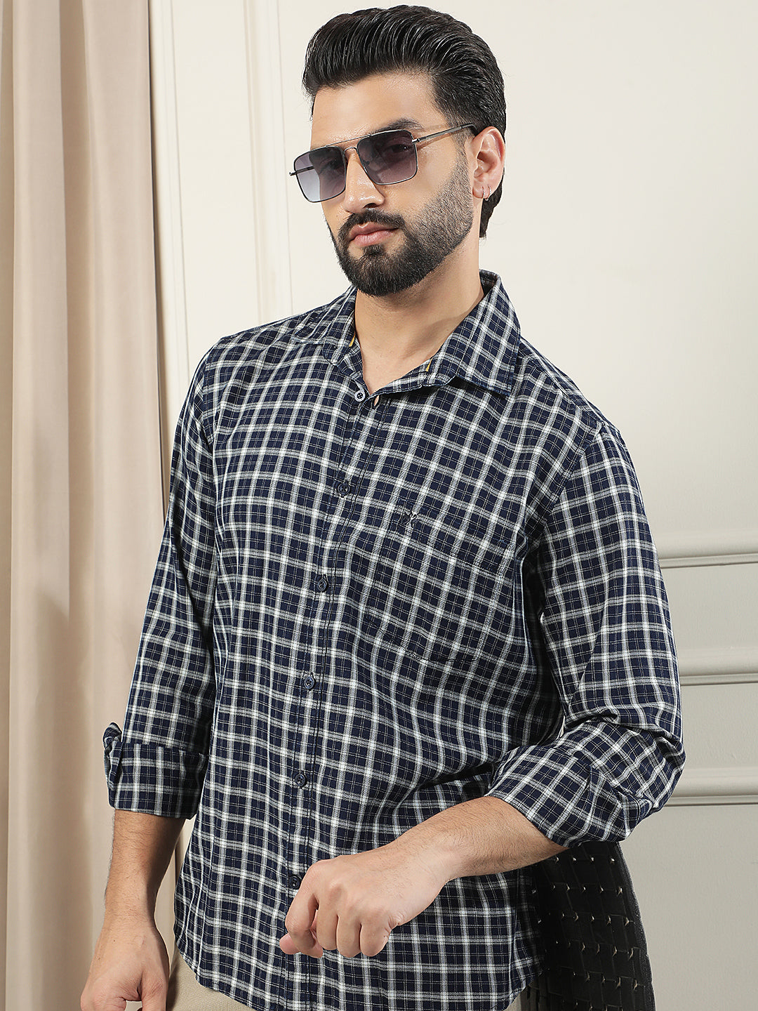 Navy Blue 100% Cotton Checked Shirt