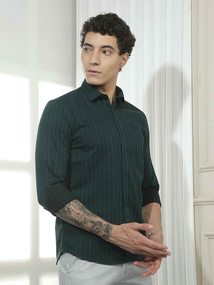 Green Vertical Striped 100% Cotton Shirt