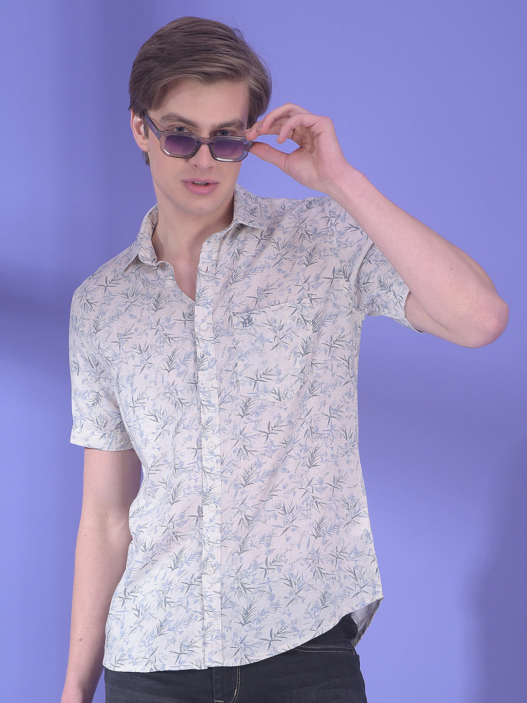 Blue Floral Print Linen Shirt
