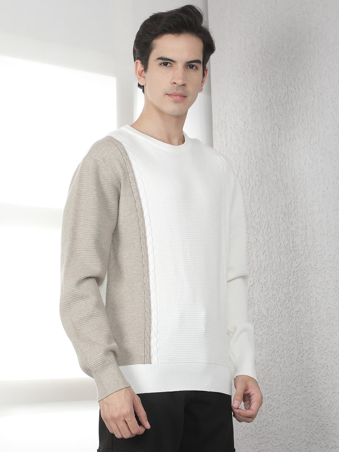 Beige Colorblocked Round Neck Sweater