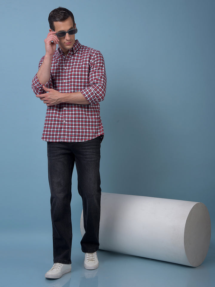 Red Checked Button-Down Collar 100% Cotton Shirt