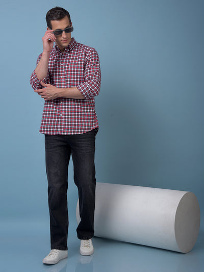 Red Checked Button-Down Collar 100% Cotton Shirt