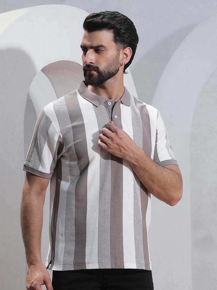 Grey Vertical Striped Polo Neck T-Shirt