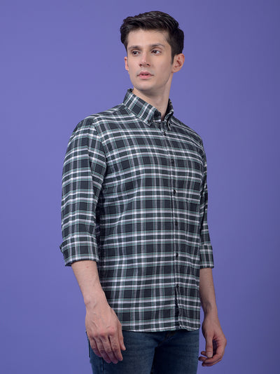 Green Checked Button-Down Collar 100% Cotton Shirt