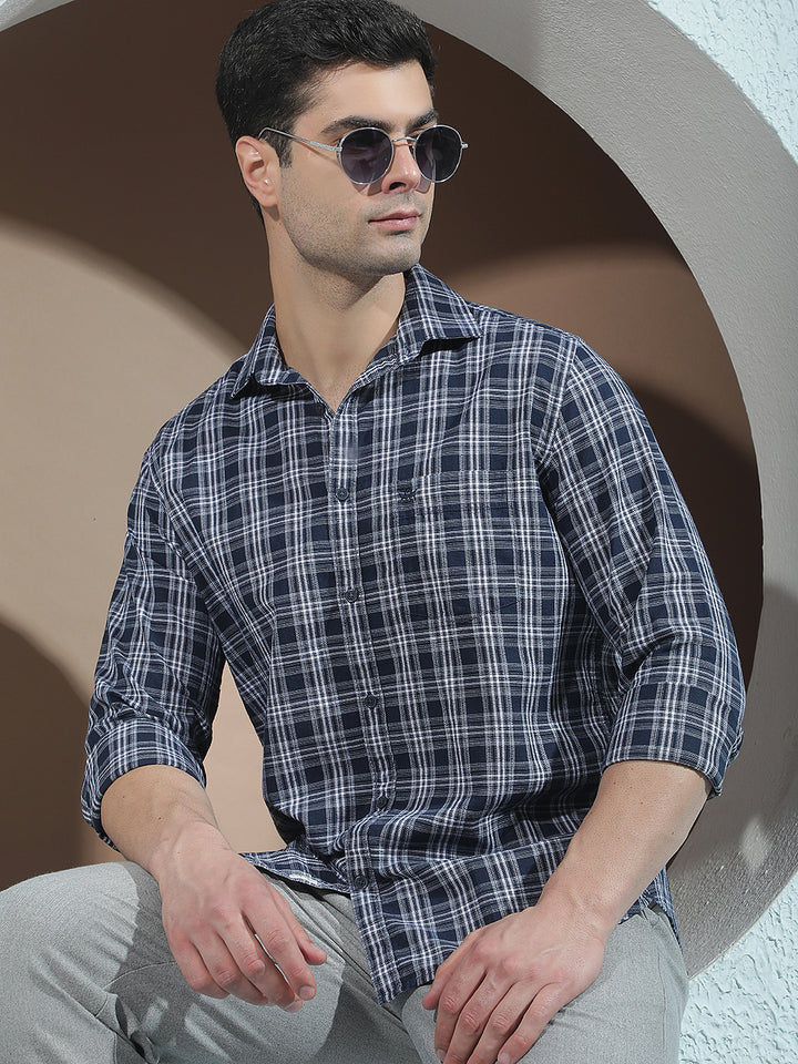 Navy Blue 100% Cotton Checked Shirt