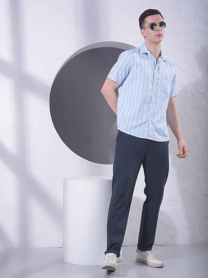 Blue Vertical Striped 100% Cotton Shirt