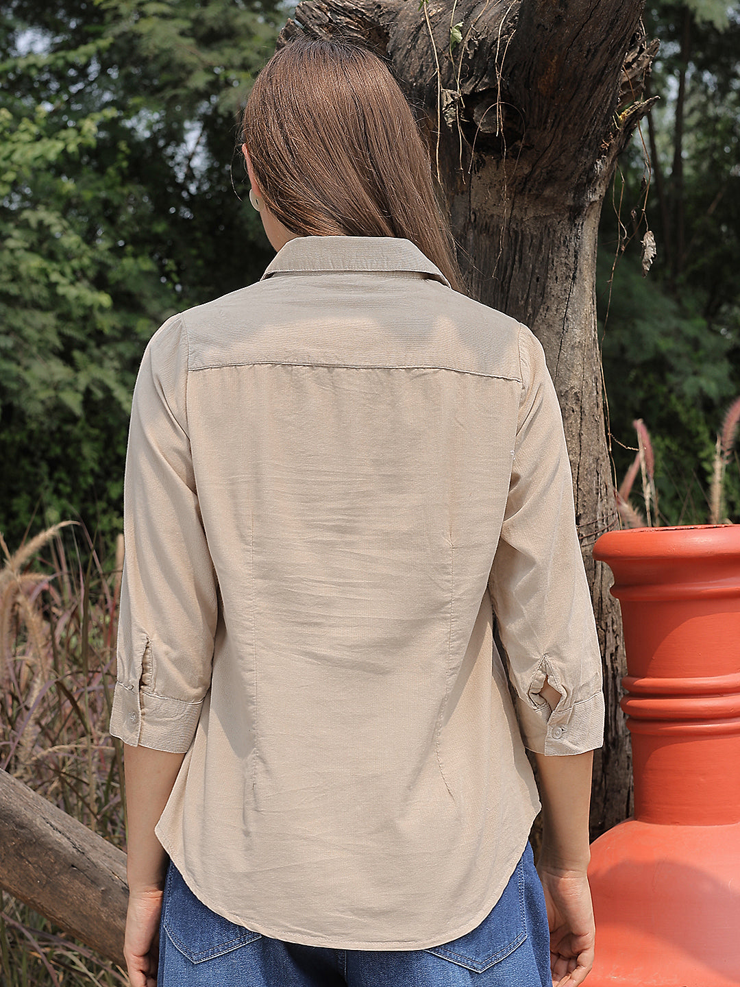 Sleek Warm Sand Beige Corduroy Shirt
