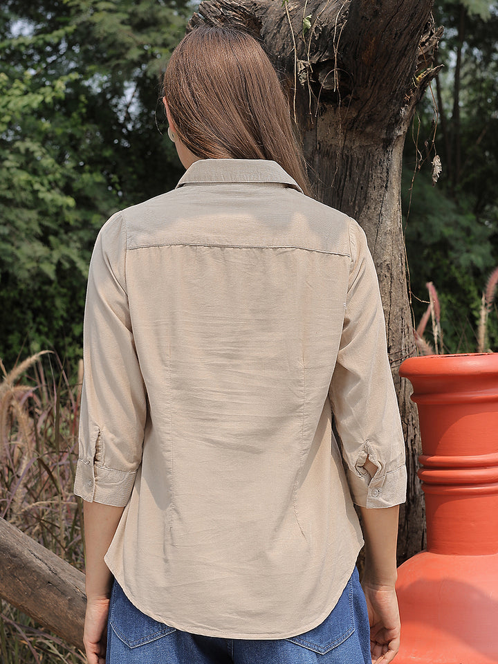 Sleek Warm Sand Beige Corduroy Shirt
