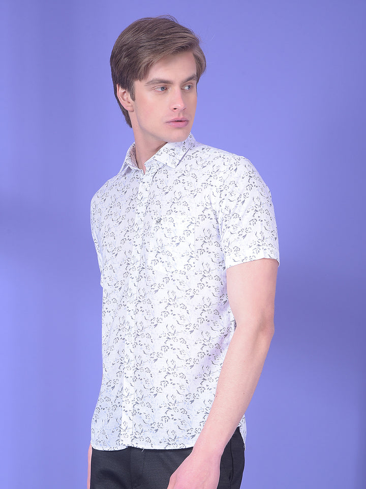 White Floral Print Linen Shirt