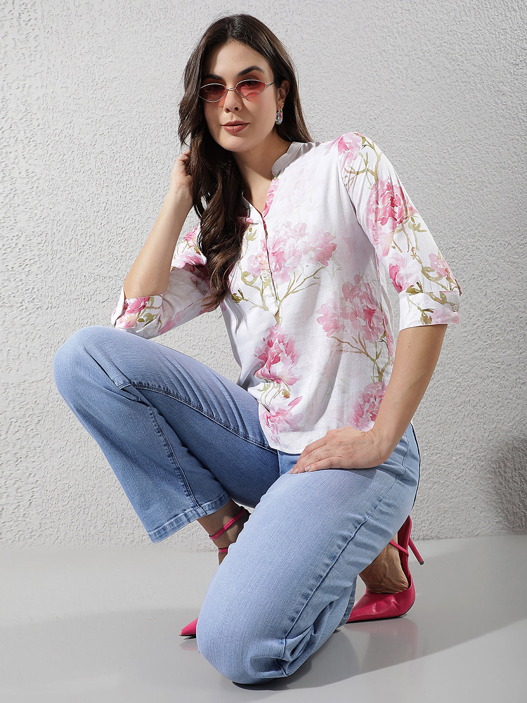 Pink Floral Print V-Neck Linen Top