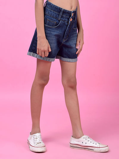 Blue 100% Cotton High-Waist Hot Pants