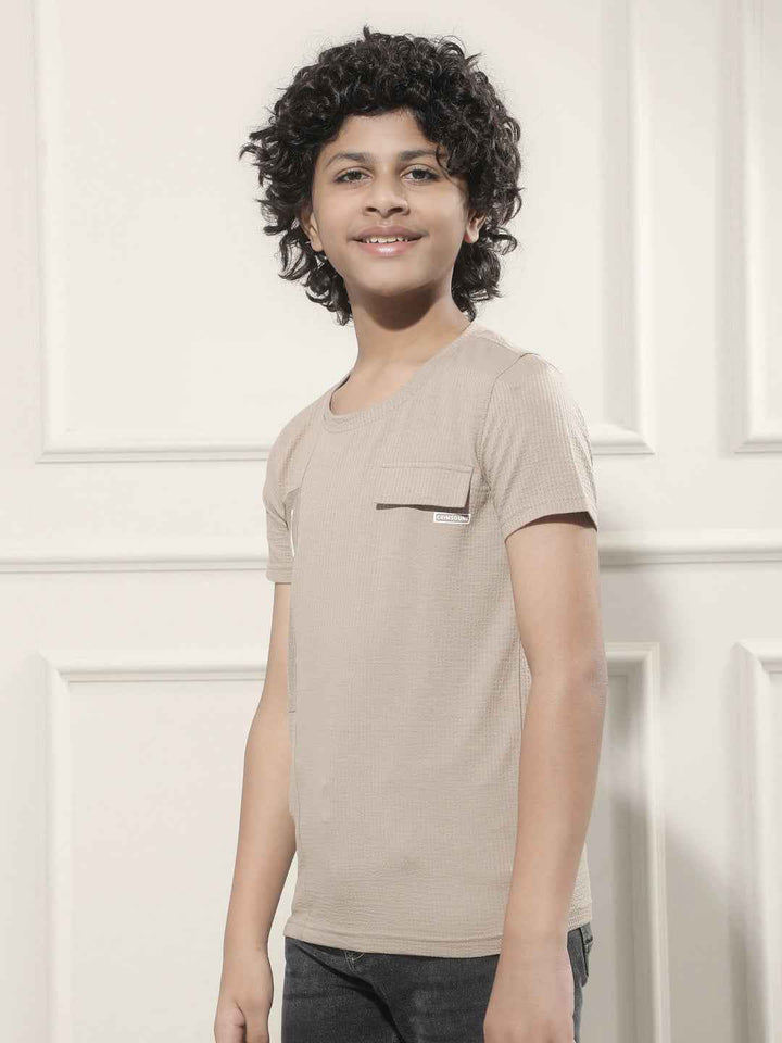 Beige Typographic Print Panelled T-Shirt