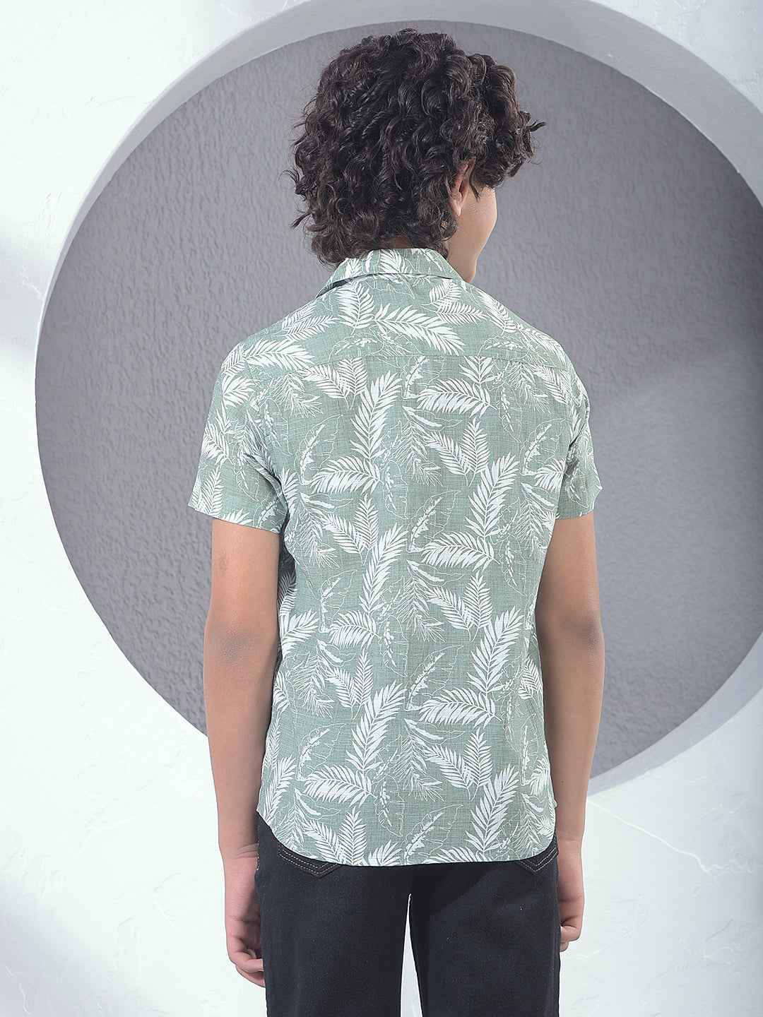 Green Floral Print Resort-Collar Shirt